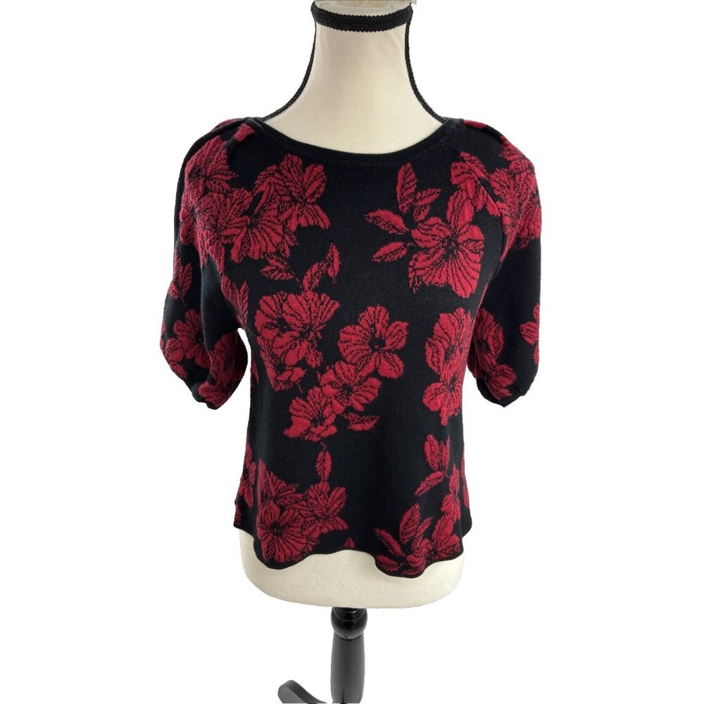 Liz Claiborne Womens Size S Black Red Floral Sweater Puff Sleeve Knit Top